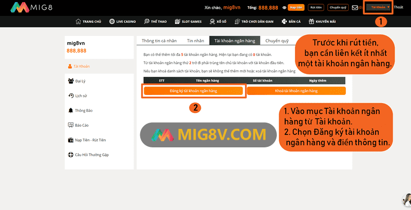 Điền thông tin rút tiền Mig8