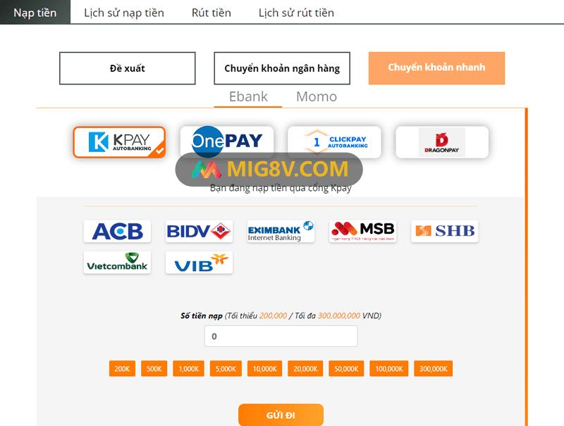 Nạp tiền Mig8 qua cổng thanh toán trực tuyến