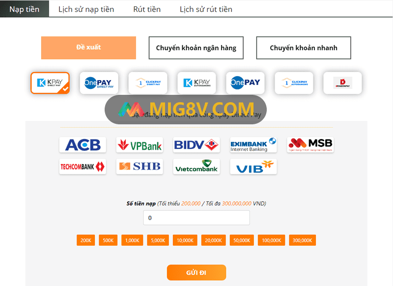 Nạp tiền Mig8 qua ngân hàng trực tuyến