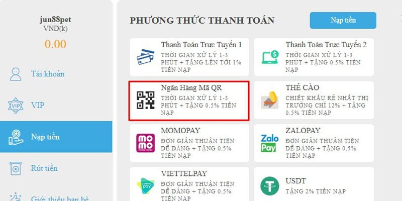 Nạp tiền qua ví điện tử